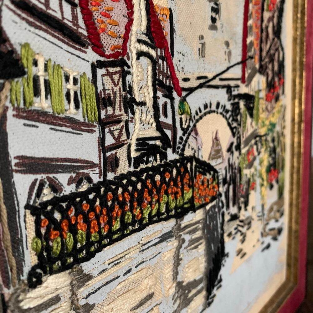 Vintage Crewel Needlepoint Embroidery and Paint Tapestry European Village Art - Picture 3 of 5